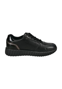 Schwarze Leder-Sneaker mit strukturiertem Obermaterial, runder Zehenpartie und einer klobigen, geriffelten schwarzen Gummisohle. Dezenter metallischer Akzent an der Ferse.