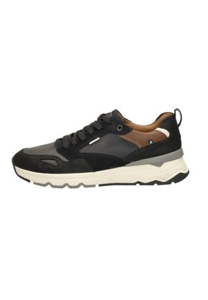Black and grey athletic shoe with a leather and suede upper, textured details, and white sole; features round laces and a pull tab.