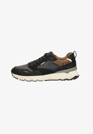 Black and grey athletic shoe with a leather and suede upper, textured details, and white sole; features round laces and a pull tab.