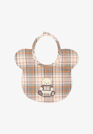 Geruite slab met berenmotief, gemaakt van zachte stof in crème, grijs en oranje. Afgeronde randen met twee ronde riemen om vast te maken.