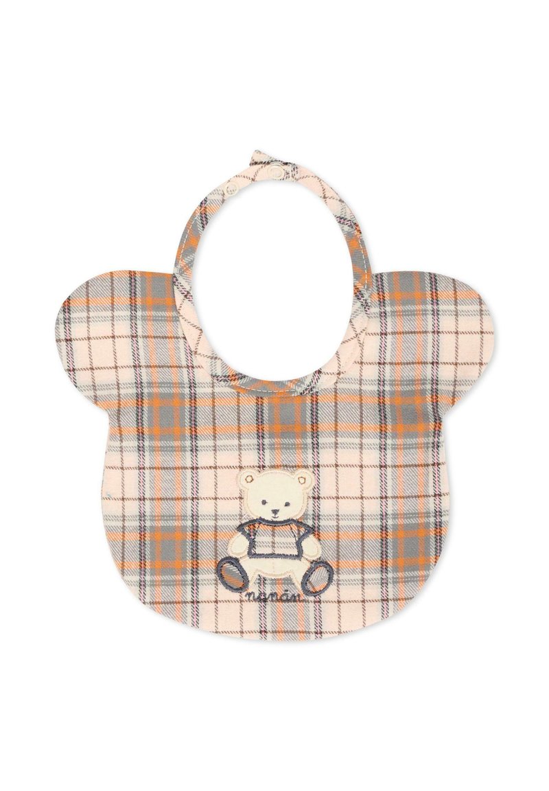 Bavaglino a scacchi con motivo dell'orso, realizzato in morbido tessuto nei colori crema, grigio e arancio. Bordo arrotondato con due cinghie tonde per la chiusura.
