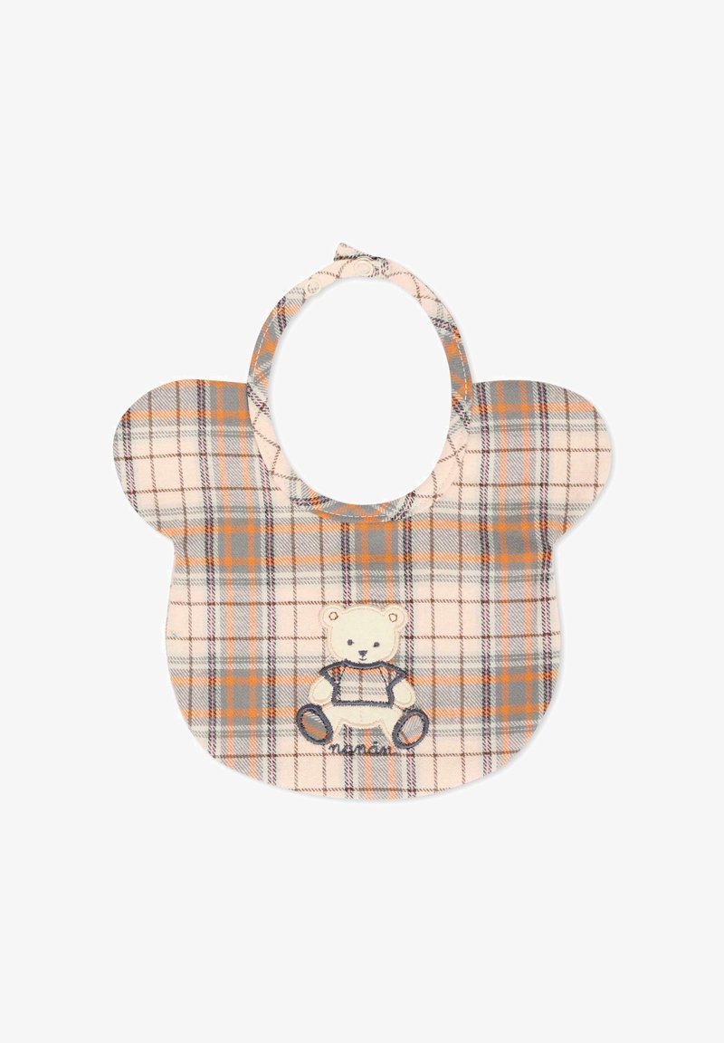 Bavaglino a scacchi con motivo dell'orso, realizzato in morbido tessuto nei colori crema, grigio e arancio. Bordo arrotondato con due cinghie tonde per la chiusura.