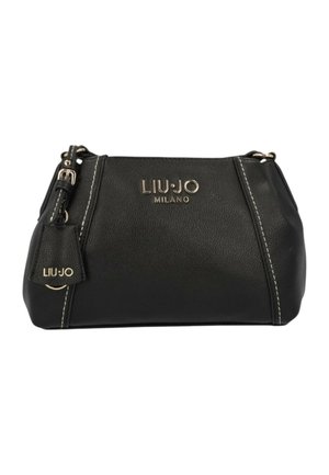 Borsa a mano Liu Jo Milano in pelle nera con cuciture bianche, logo dorato e fibbia decorativa sulla tracolla, su sfondo bianco.