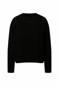 Czarna koszula z długim rękawem, wykonana z miękkiego materiału, z okrągłym dekoltem i luźnym krojem. Dyskretne logo w czarnym kolorze nad dekoltem.