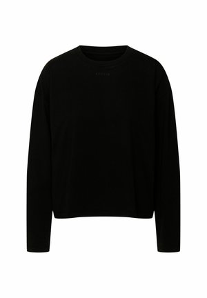 Czarna koszula z długim rękawem, wykonana z miękkiego materiału, z okrągłym dekoltem i luźnym krojem. Dyskretne logo w czarnym kolorze nad dekoltem.