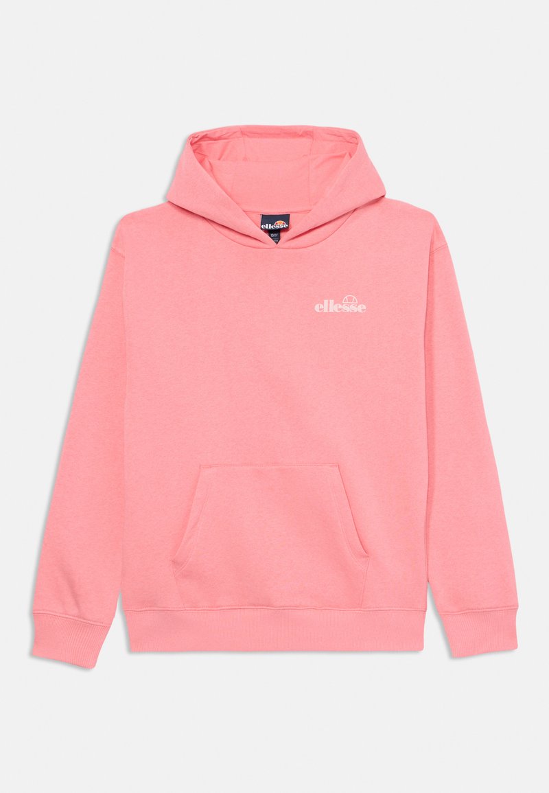 Rosa hettegenser laget av myk stoff, med en frontlomme, ribbestrikkede cuffs og hem, og en liten hvit logo på brystet.