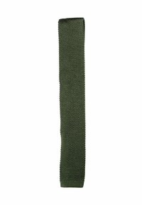 Olivgrön, stickad tygband med ett strukturerat mönster. Lång och smal design, lämplig för olika frisyrer.