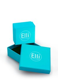 Türkiser Geschenkkarton mit Deckel, der eine glatte Oberfläche und ein weißes rundes Logo aufweist. Ein offener Karton zeigt ein dunkelgrünes Innenleben.