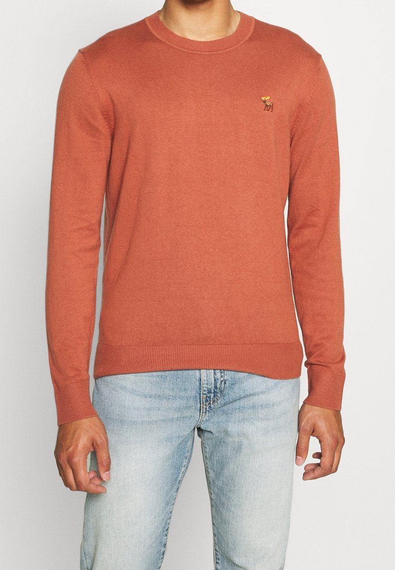 Homme portant un pull à manches longues couleur rouille avec un petit logo élan brodé sur la poitrine et un jean bleu clair sur fond blanc.