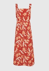 Robe midi sans manches à imprimé floral orange sur fond rouille. Dotée d'un décolleté carré, d'une taille cintrée et d'un tissu doux et texturé.
