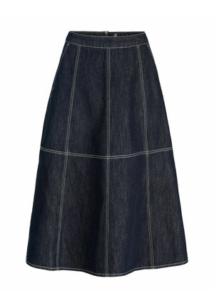 Mørkeblå denim A-formet nederdel med hvide stikninger og lynlåslukning bagpå.