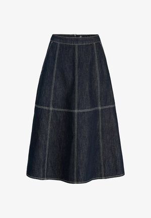 Fustă A-line din denim albastru închis, cu cusături albe evidente și închidere cu fermoar la spate.