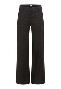 Pantaloni neri a gamba larga realizzati in tessuto leggero, dotati di chiusura con bottone, due tasche frontali e una texture morbida.