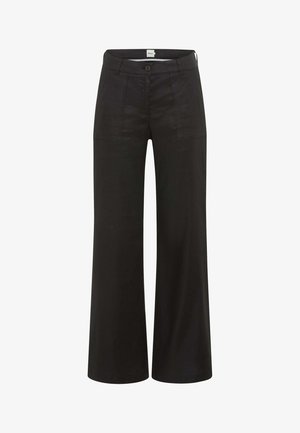 Schwarze weit geschnittene Hosen aus leichtem Stoff, mit einem Knopfverschluss, zwei frontalen Taschen und einer glatten Textur.
