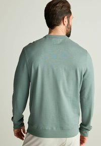 Sudadera de manga larga en verde suave, tejido liso, cuello redondo, puños y dobladillo acanalados, detalles de costura mínimos en la parte posterior.