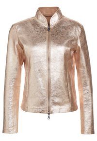Metallisch rosegoldene Kunstlederjacke mit Stehkragen und Frontreißverschluss. Sie verfügt über ein tailliertes Design und eine glatte Textur.