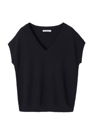 Gilet en tricot noir sans manches avec décolleté en V et ourlet côtelé, présenté sur un fond blanc.