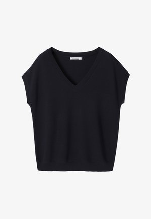 Schwarze gestrickte ärmellose Sweater-Weste mit V-Ausschnitt und geripptem Saum, vor einem weißen Hintergrund präsentiert.