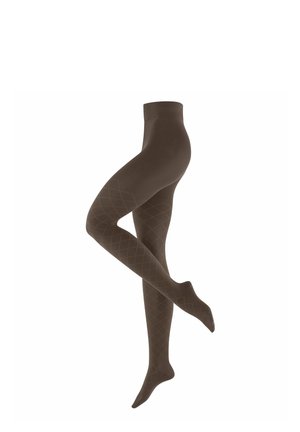 Collants marron à motifs avec un dessin en forme de losange doré. Texture lisse avec une ceinture, conçus pour s'adapter étroitement à la jambe.