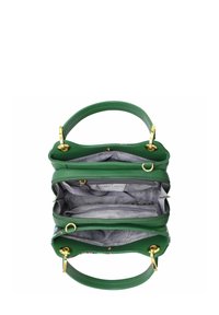 Groene leren handtas met gouden hardware. Beschikt over meerdere compartimenten, grijs patroon interieur en een gestructureerde vorm met dubbele handvatten.