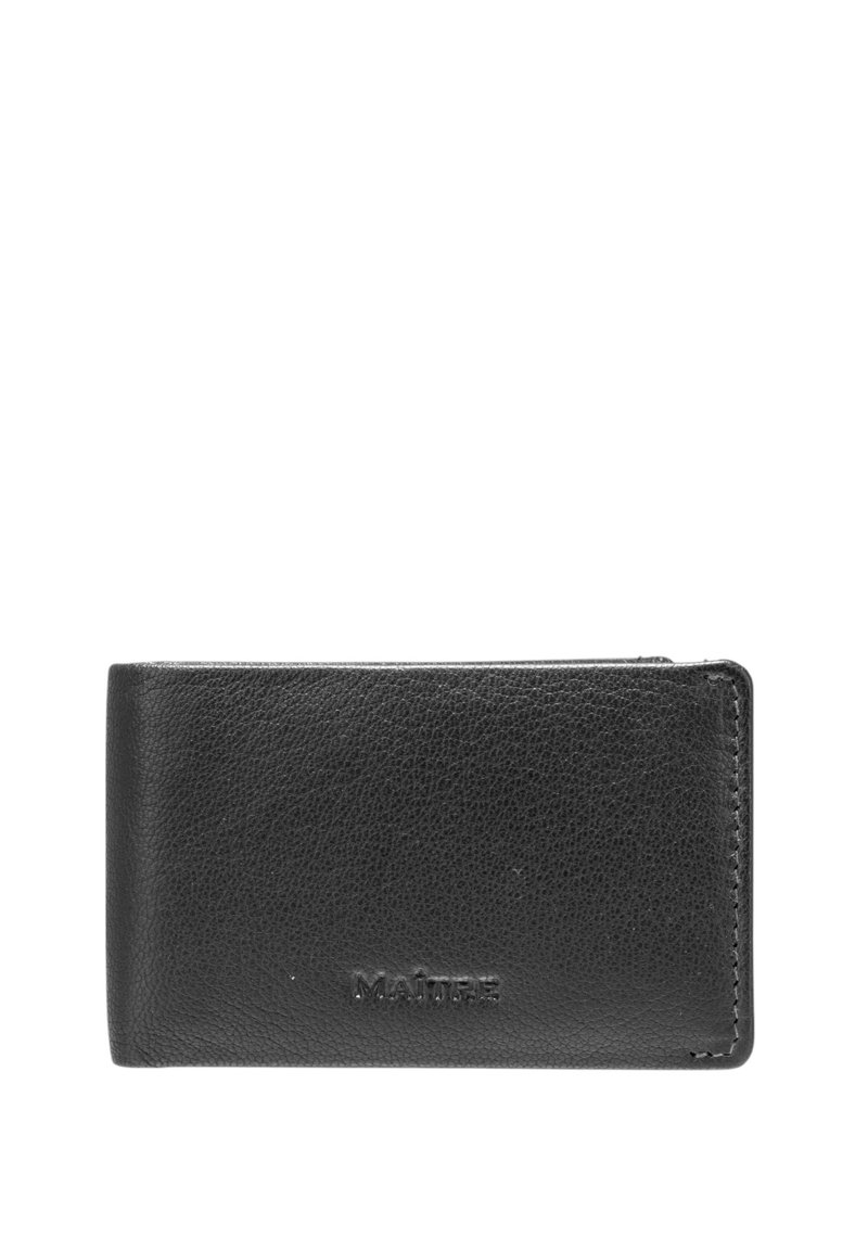 Black leather wallet with a textured finish, featuring a slim rectangular shape and embossed logo. No visible hardware or accents.