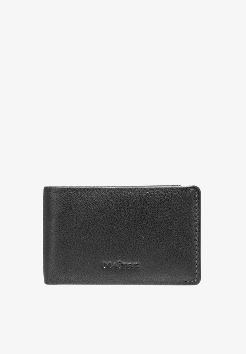 Black leather wallet with a textured finish, featuring a slim rectangular shape and embossed logo. No visible hardware or accents.