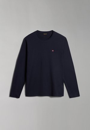Navy long-sleeve t-shirt made from cotton, featuring a round neckline and a small embroidered logo on the chest. Smooth texture.