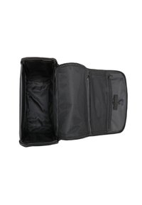 Črn potovalni nahrbtnik pravokotne oblike, z enim glavnim predelkom, dvema žepoma na zadrgo in mrežastima notranjima žepoma za organizacijo.