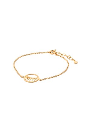 Bracelet délicat en chaîne d'or avec un pendentif ovale ajouré en forme de rayon de soleil et un fermoir réglable avec maillons d'extension.