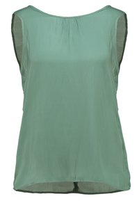 Top bez rukávů ve světle zelené barvě, vyrobený z hladké látky. Má kulatý výstřih a volný střih. Jednoduchý design bez ozdob.