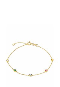 Armbands i guldfärgad ton med en diskret kedja, prydd med fyra runda ädelstenar i klara, gröna, blå och rosa inställningar. Justerbar kedjelängd.