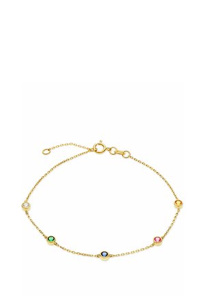 Gouden armband met een delicate ketting, voorzien van vier ronde edelstenen in heldere, groene, blauwe en roze zettingen. Verstelbare kettinglengte.