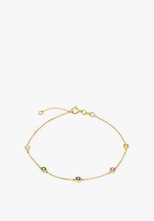 Bracciale in tonalità oro con una delicata catena, caratterizzato da quattro gemme rotonde in impostazioni trasparenti, verdi, blu e rosa. Lunghezza della catena regolabile.