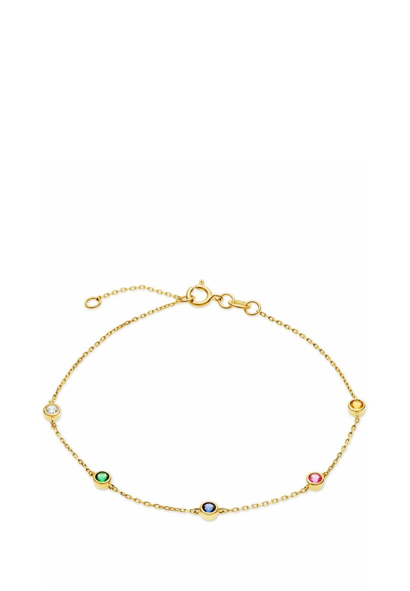 Armbands i guldfärgad ton med en diskret kedja, prydd med fyra runda ädelstenar i klara, gröna, blå och rosa inställningar. Justerbar kedjelängd.