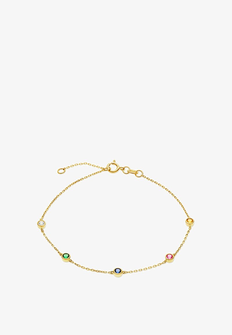 Armbands i guldfärgad ton med en diskret kedja, prydd med fyra runda ädelstenar i klara, gröna, blå och rosa inställningar. Justerbar kedjelängd.