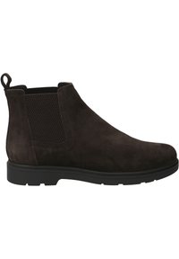 Braune Wildleder Stiefeletten mit elastischen Seiteneinsätzen, flachen Gummisohlen und einer Zuglasche für ein einfaches An- und Ausziehen. Minimalistisches Design und glatte Oberfläche.