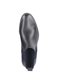 Schwarze Lederstiefelette mit elastischen Seitenpaneelen, runder Zehenform und strukturiertem Obermaterial. Besitzt marineblaue Akzente im Innenraum.