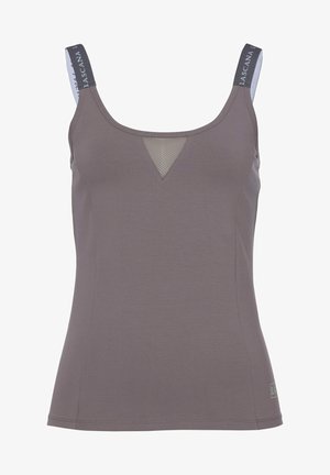 Gray athletic tank top with a scoop neckline, mesh accent detail at the chest, and contrast branded straps. Smooth texture with a fitted silhouette.