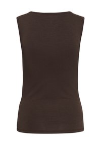 Haut ajusté sans manches marron foncé avec un col rond, vu de dos sur un fond blanc uni.