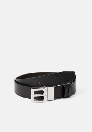 Black leather belt featuring a smooth finish, a rectangular silver buckle with "B" logo, and multiple adjustment holes along the strap.