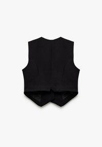 Czarna bezrękawnik o czystym designie. Posiada dopasowane szwy i lekko zaokrąglony tylny dół. Gładka tekstura materiału.