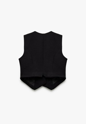 Schwarze ärmellose Weste mit einem klaren Design. Verfügt über taillierte Nähte und einen leicht abgerundeten hinteren Saum. Glatte Stofftextur.