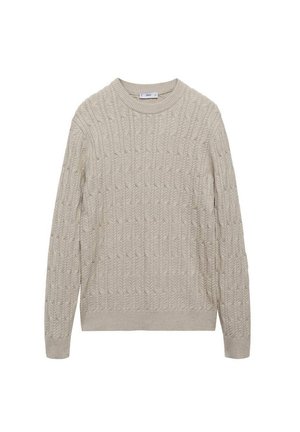Hellebeige Strickpullover mit Rundhalsausschnitt, langen Ärmeln und gerippten Bündchen und Saum. Verfügt über ein strukturiertes Muster auf der gesamten Oberfläche.