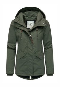 Green, hooded jacket with a zip front, side pockets, and adjustable drawstrings. Features a quilted interior and soft texture.