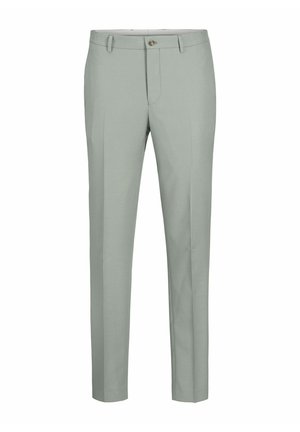 Svijetlozelene krojene hlače s glatkom teksturom, slim fit krojem i prednjim džepovima. Imaju jednostruko dugme za zatvaranje i petlje za remen.