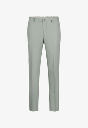 Jasnozielone dopasowane spodnie o gładkiej fakturze, slim fit, z przednimi kieszeniami. Posiadają pojedyncze zapięcie na guzik i szlufki na pasek.