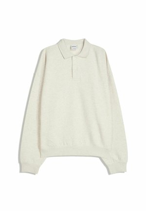 Light beige long-sleeve polo shirt made of soft fabric, featuring a collar, three buttons, and ribbed cuffs and hem.