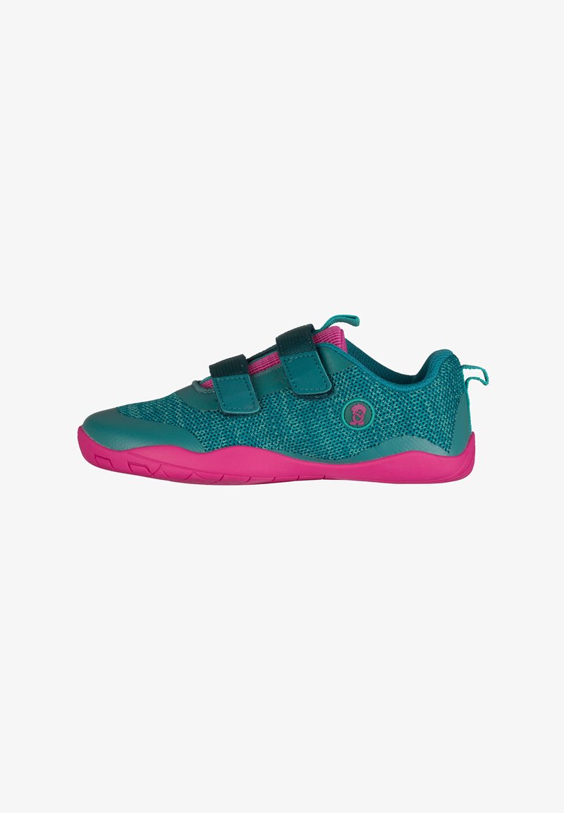 Blue and pink athletic shoes with a mesh upper, two Velcro straps, and a textured rubber sole. Features a small logo on the side.