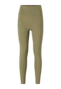 Olijfgroene leggings van rekbare stof, met een hoge taille, een gladde textuur en contrasterende stiksels langs de naden.