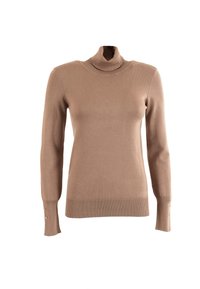 Beige Rollkragenpullover aus weichem Strickstoff mit langen Ärmeln und Knopfakzenten an den Bündchen sowie einer figurnahen Silhouette.